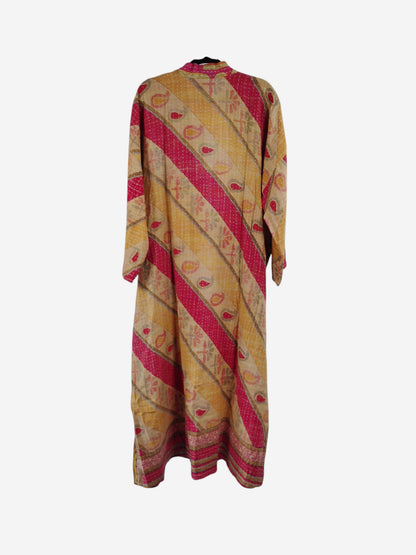 She Lives Beauty Starlit Wanderer long kimono in yellow and pink vintage kantha cotton with hand-stitched patterns.