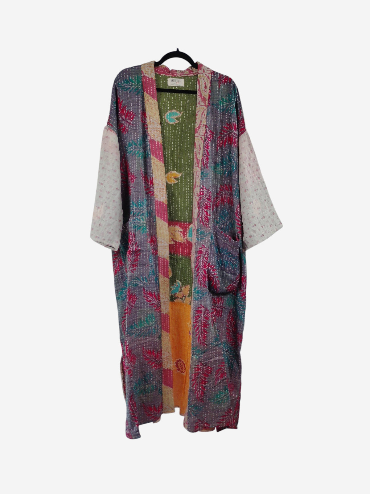 She Lives Beauty Starlit Wanderer long kimono made from vintage kantha stitched cotton with colorful floral patterns