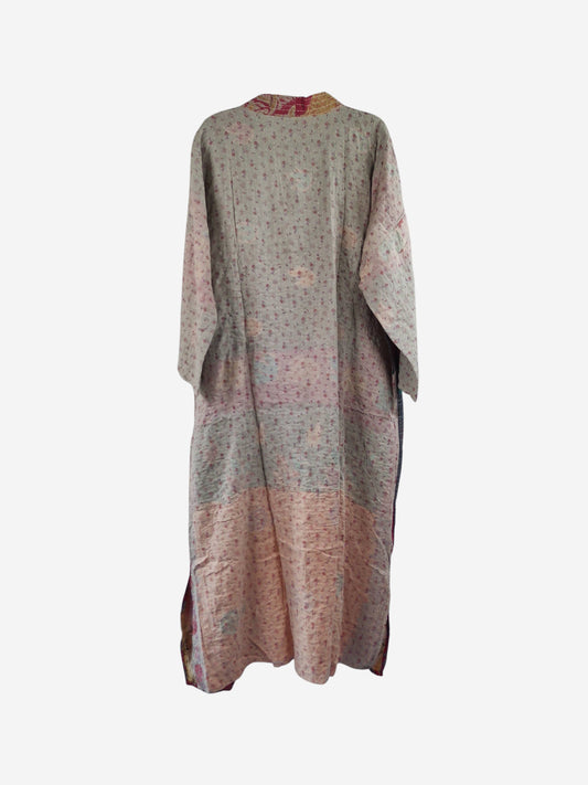 She Lives Beauty Starlit Wanderer long kimono made from vintage kantha stitched cotton in soft pastel floral patterns