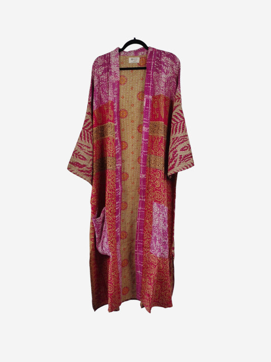 She Lives Beauty Starlit Wanderer kimono in pink and gold vintage kantha cotton with intricate hand-stitched patterns