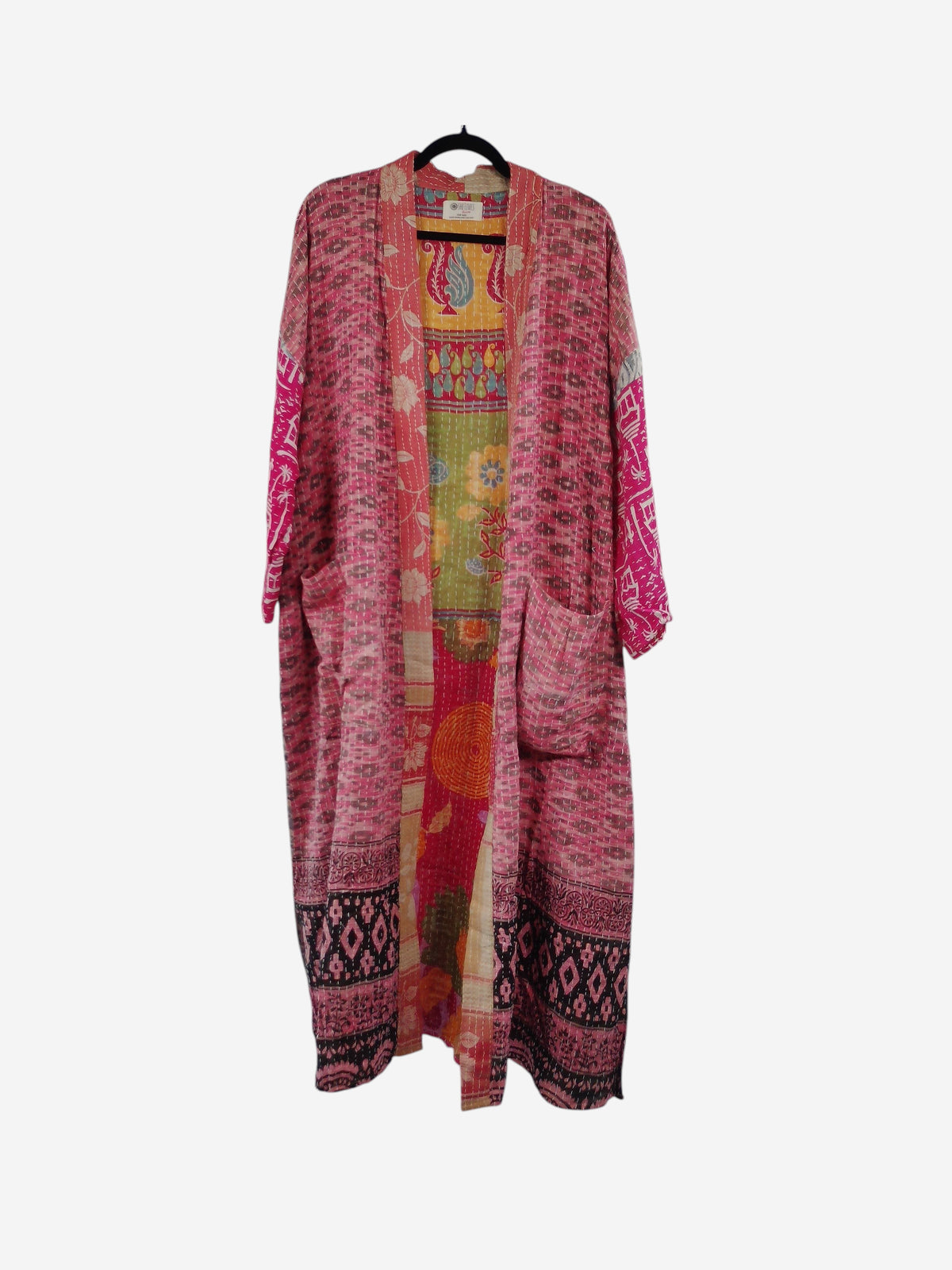 She Lives Beauty Starlit Wanderer long kimono in pink vintage kantha cotton with patchwork patterns and front pockets