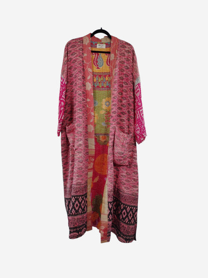 She Lives Beauty Starlit Wanderer long kimono in pink vintage kantha cotton with patchwork patterns and front pockets