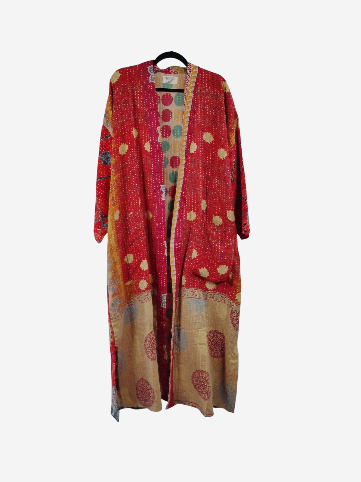She Lives Beauty Starlit Wanderer long kimono in red and gold vintage kantha stitched cotton with floral patterns