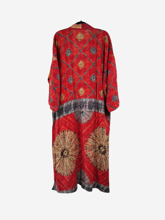 She Lives Beauty Starlit Wanderer kimono in red vintage cotton with kantha stitching and circular patterned details.