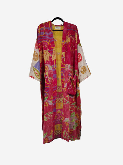 She Lives Beauty Starlit Wanderer kimono in vibrant pink vintage kantha cotton with floral and geometric patterns.