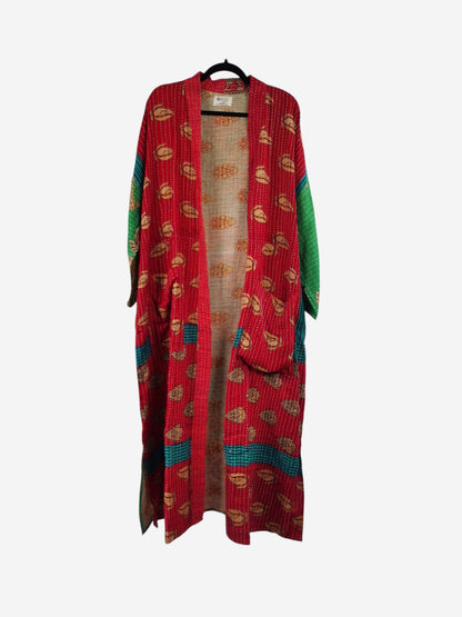 She Lives Beauty Starlit Wanderer long kimono in red vintage kantha cotton with unique patterned stitching