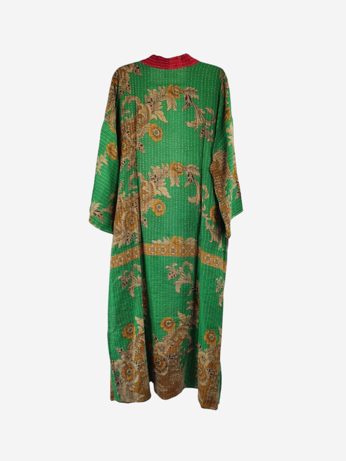 She Lives Beauty Starlit Wanderer kimono in green vintage cotton with floral kantha stitching and red collar detail.