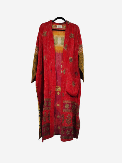 She Lives Beauty Starlit Wanderer long kimono in red vintage kantha stitched cotton with unique patterned panels