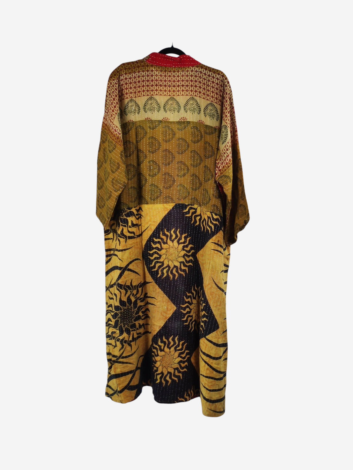 She Lives Beauty Starlit Wanderer long kimono in vintage cotton with yellow and black sun print and kantha stitching
