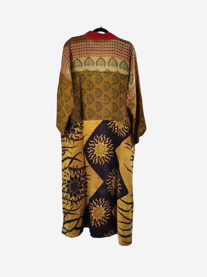She Lives Beauty Starlit Wanderer long kimono in vintage cotton with yellow and black sun print and kantha stitching