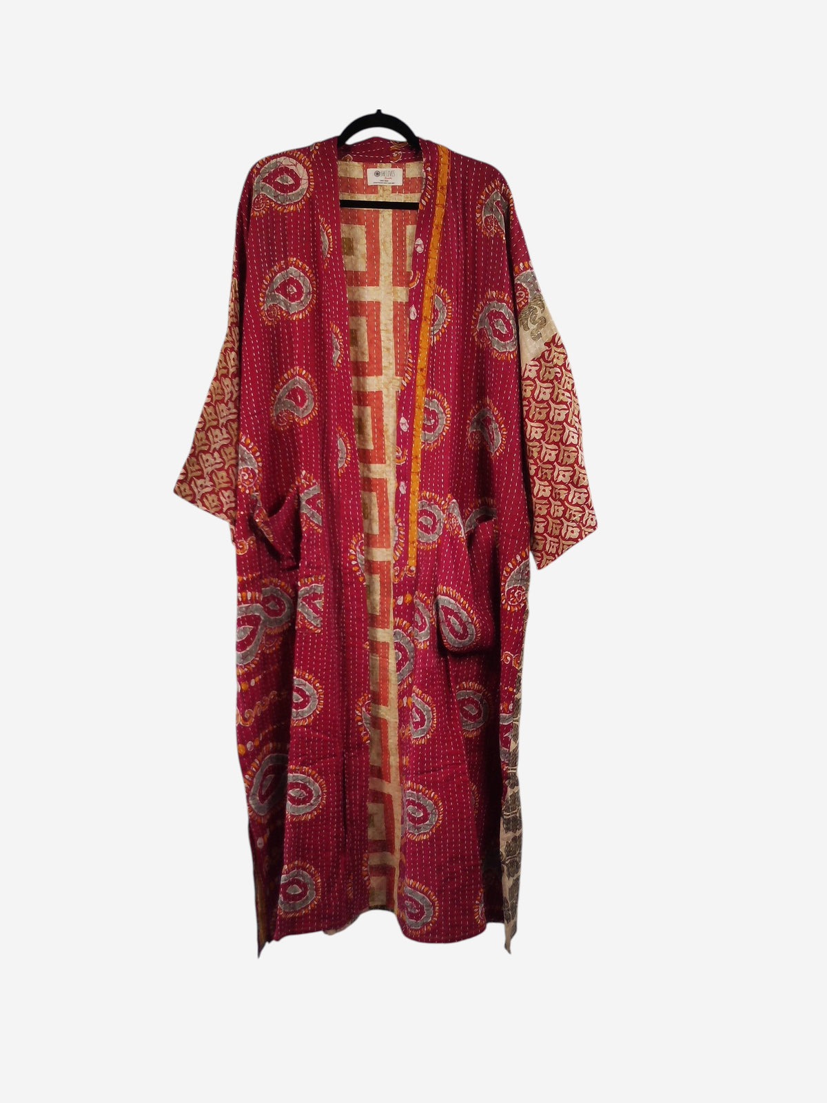 She Lives Beauty Starlit Wanderer long kimono in red vintage kantha cotton with intricate hand-stitched patterns