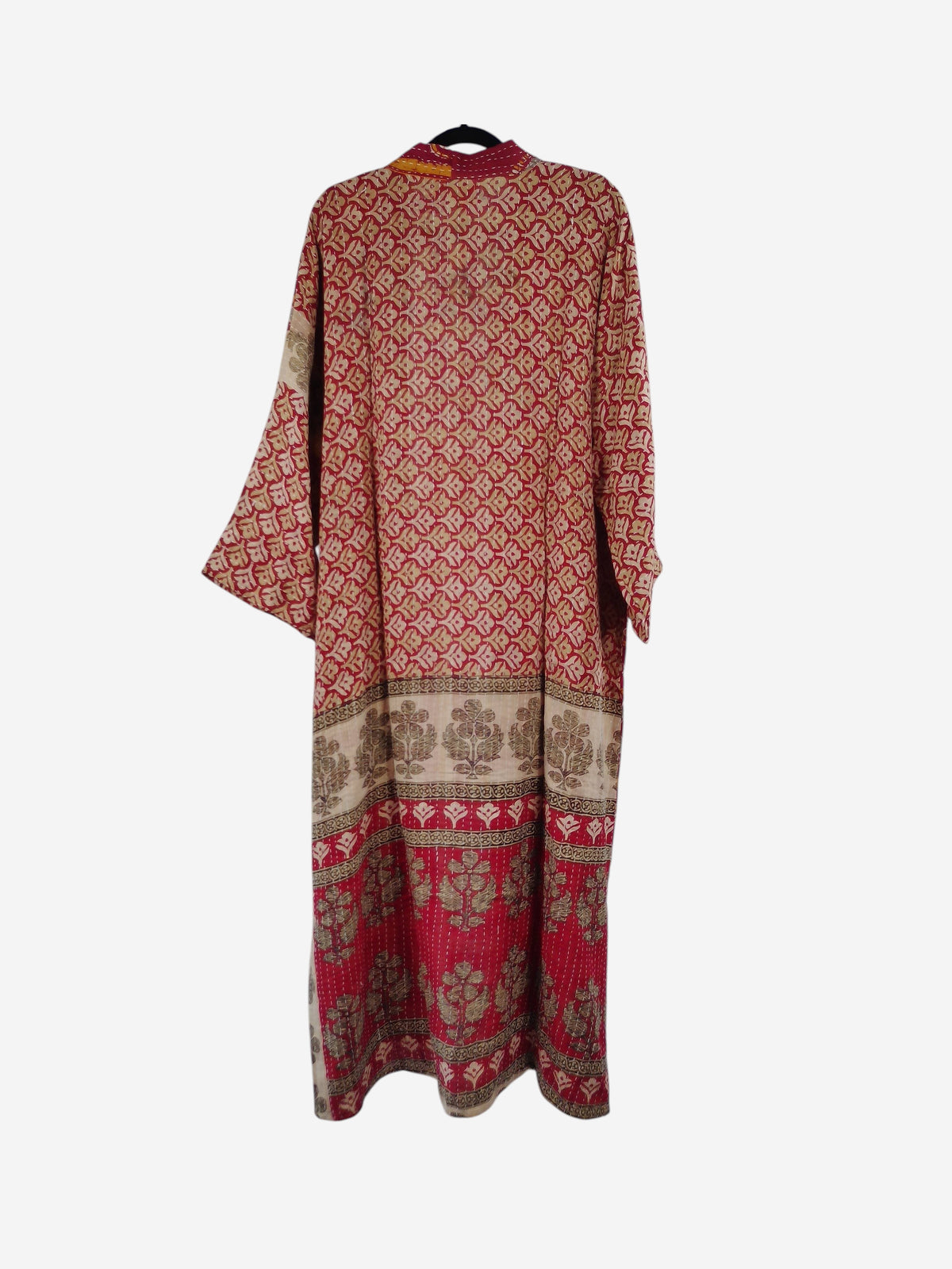 She Lives Beauty Starlit Wanderer long kimono in red and beige vintage kantha cotton with intricate floral patterns