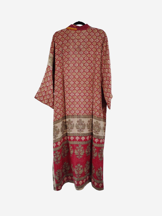 She Lives Beauty Starlit Wanderer long kimono in red and beige vintage kantha cotton with intricate floral patterns
