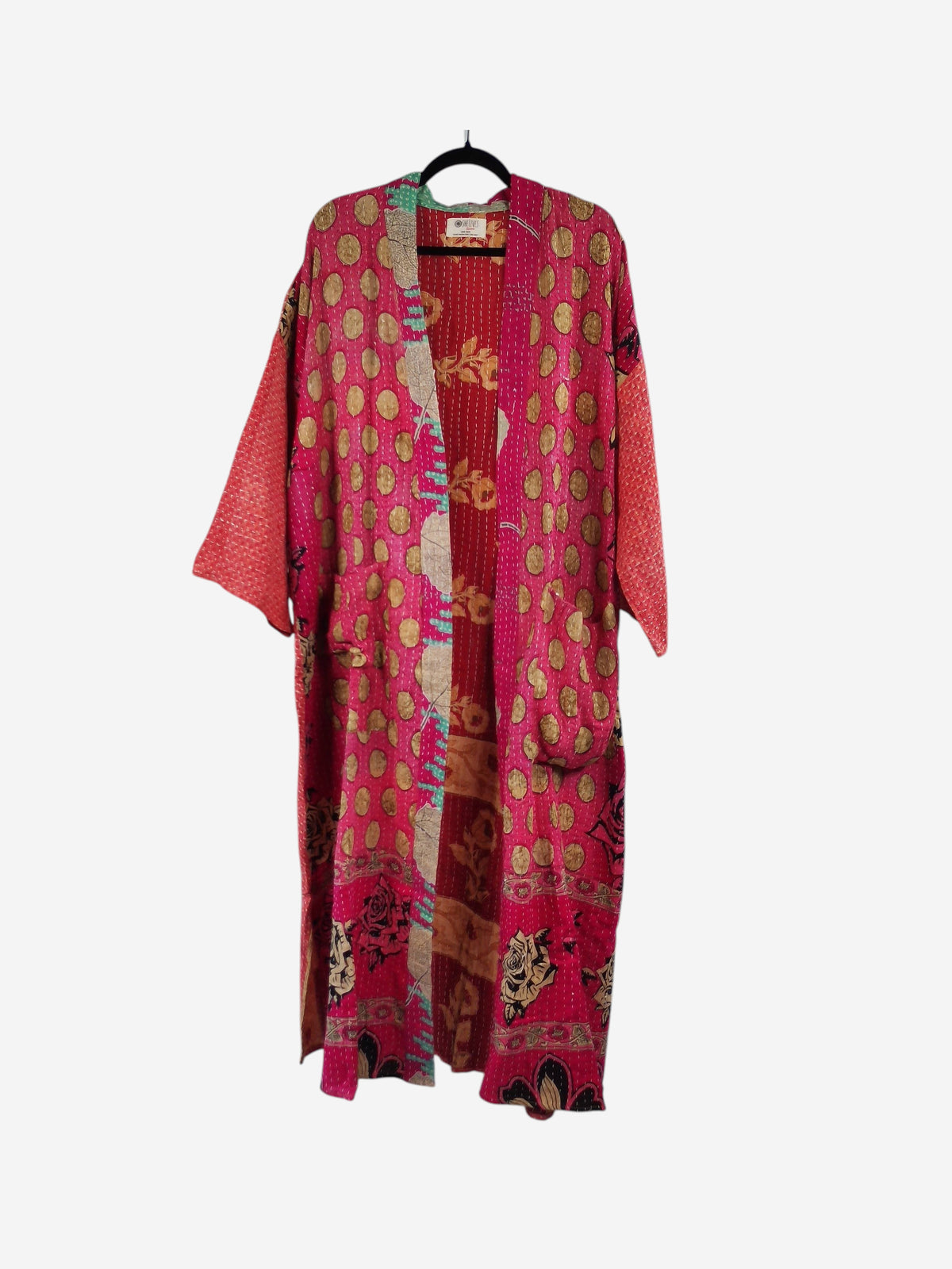 She Lives Beauty Starlit Wanderer kimono in vibrant pink vintage kantha cotton with gold polka dot and floral patterns.