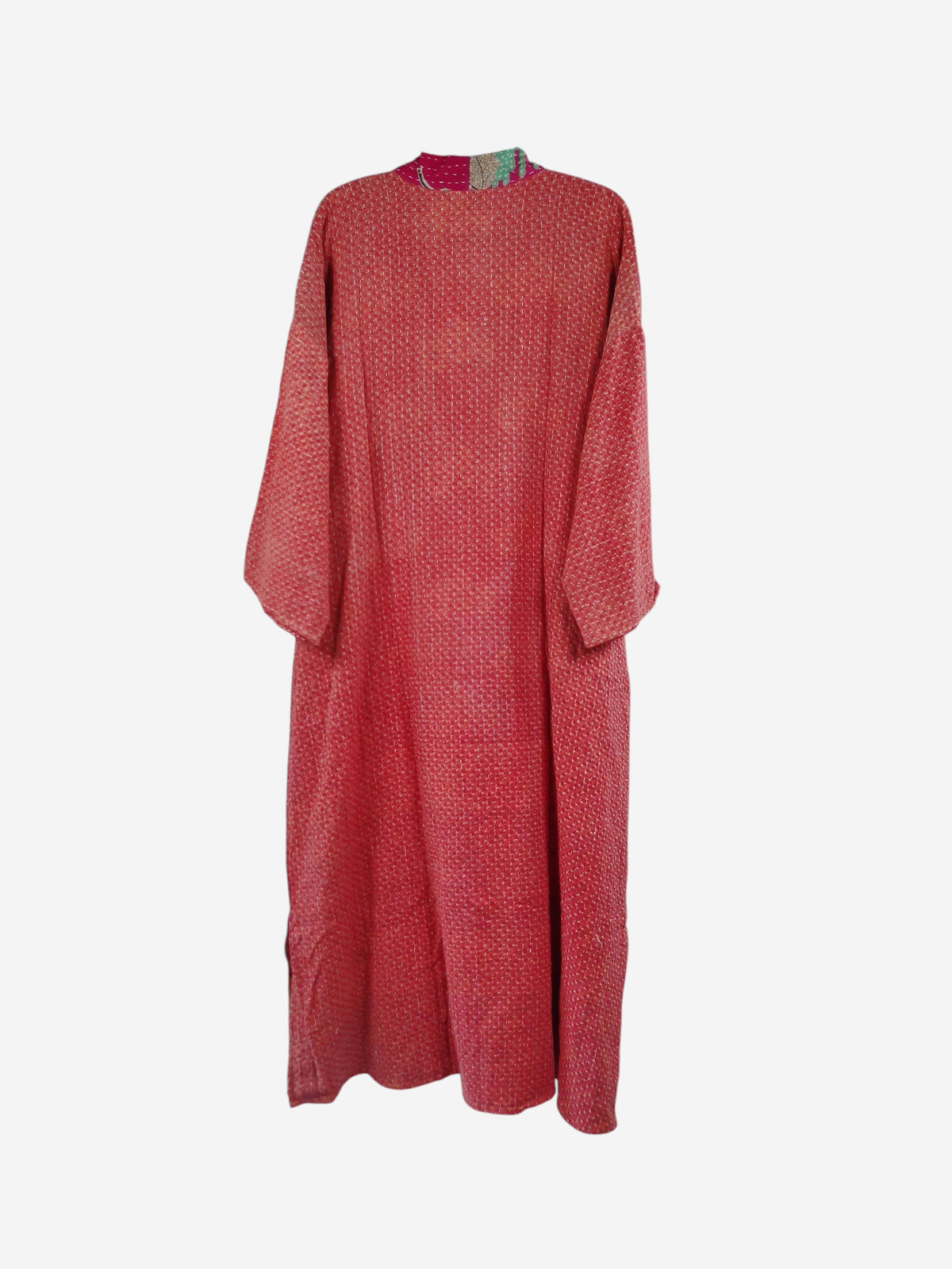 She Lives Beauty Starlit Wanderer long kimono in red vintage kantha stitched cotton with a flowing relaxed fit
