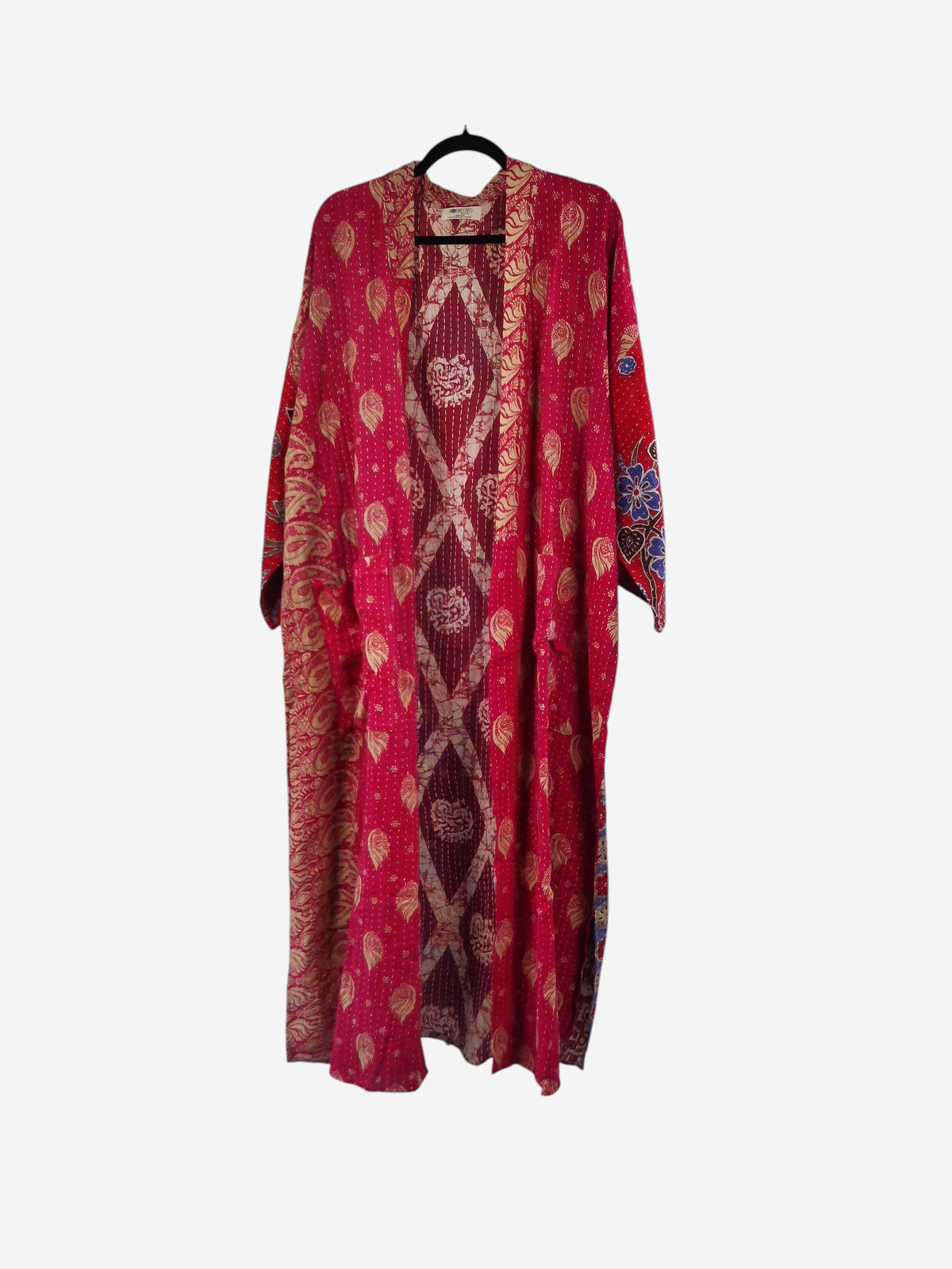 She Lives Beauty Starlit Wanderer long red kantha kimono made from vintage cotton with intricate hand-stitched details
