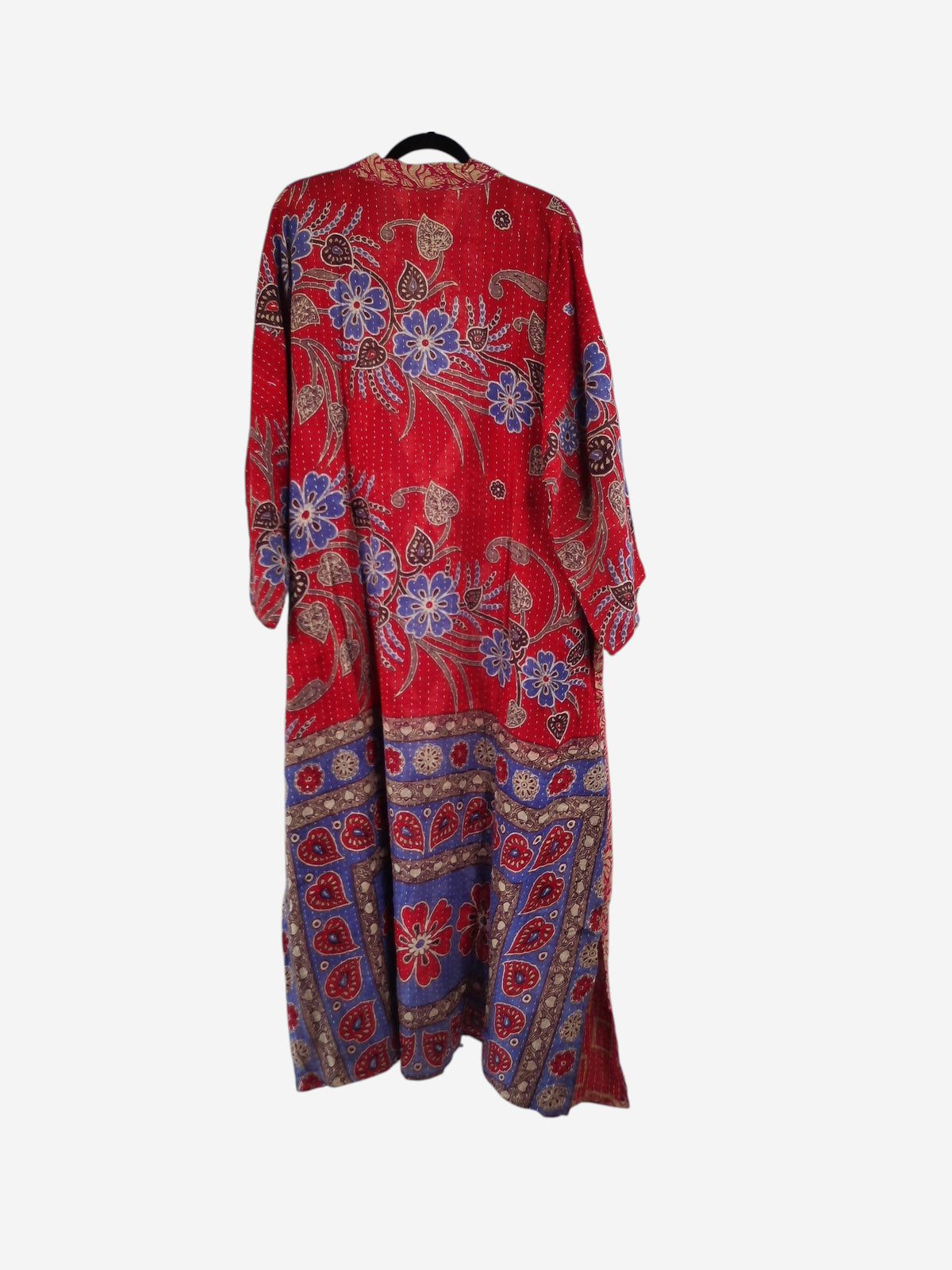 She Lives Beauty Starlit Wanderer long red floral kantha kimono made from vintage cotton with hand-stitched details.