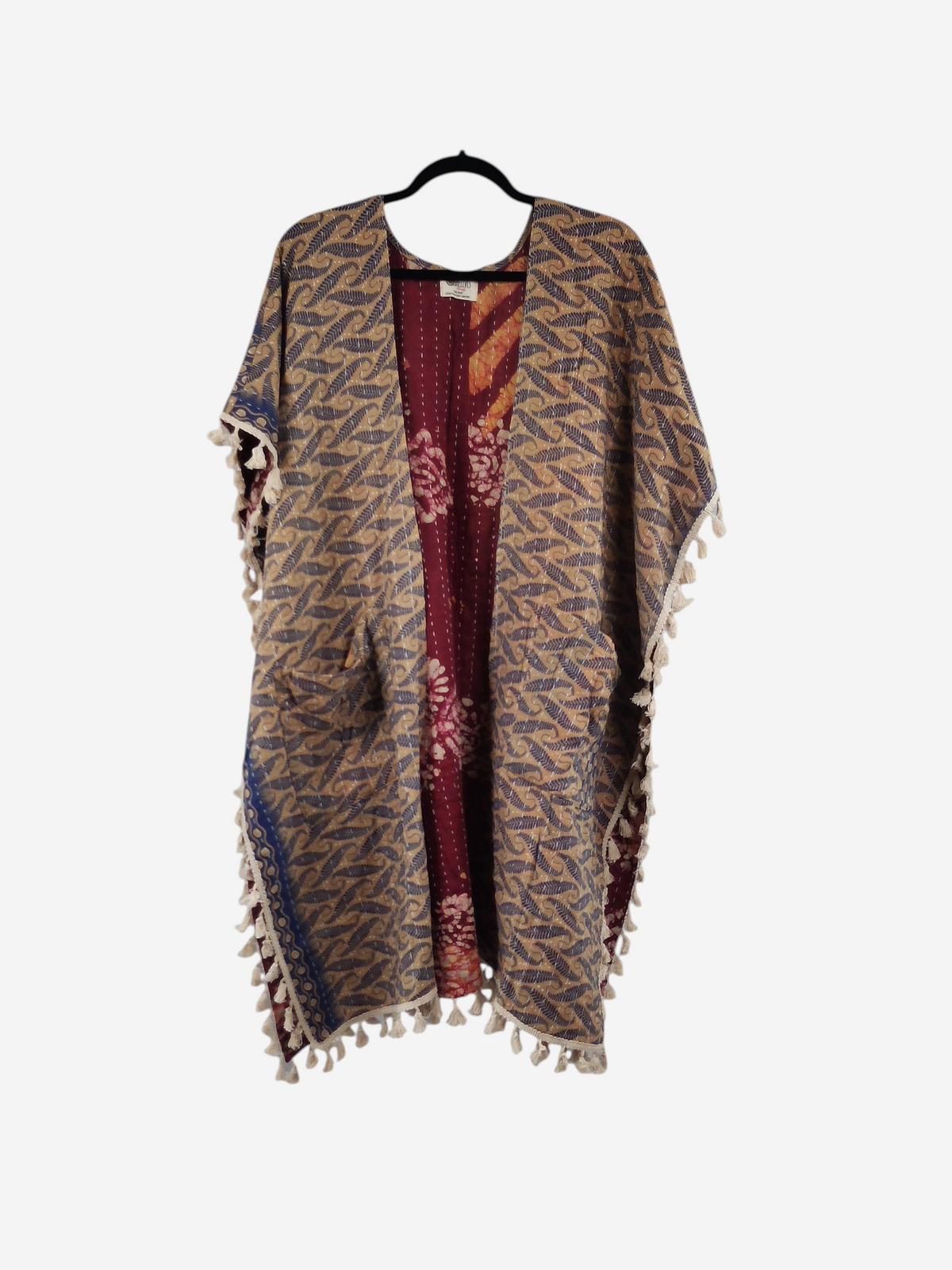 She Lives Beauty reversible short sleeve kimono in vintage kantha cotton with leaf print and artisan fringe trim