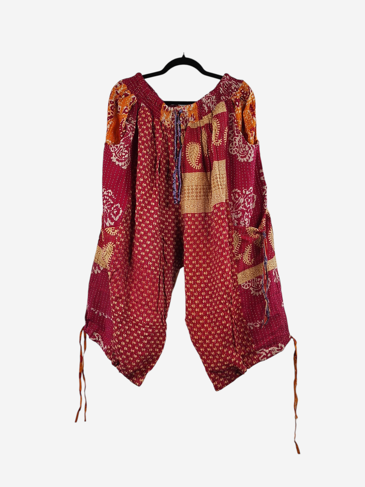 She Lives Beauty red vintage cotton kantha cargo jogger capris with bohemian patterns and utility pockets.