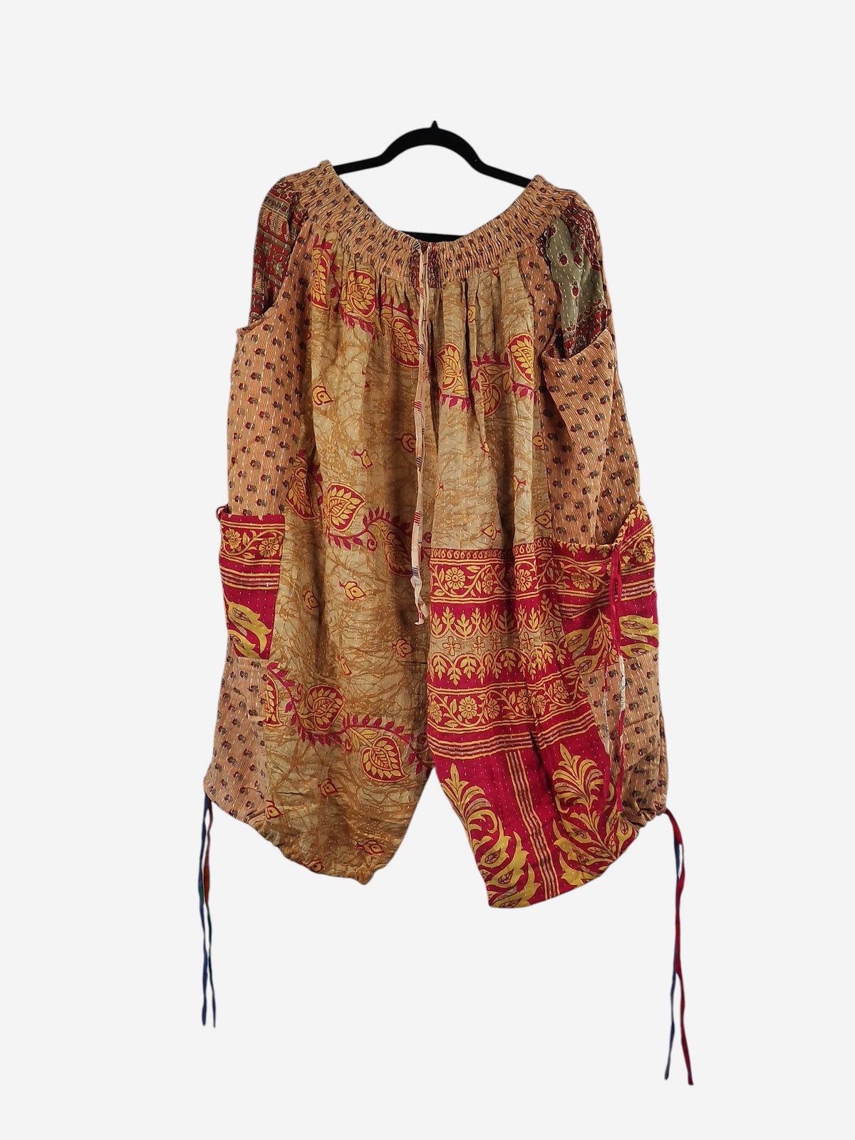 She Lives Beauty Roam Free capri cargo joggers in vintage cotton Kantha fabric with red and tan bohemian patterns.