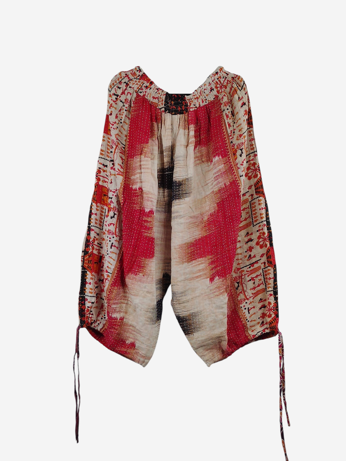 She Lives Beauty capri cargo joggers made from vintage red and cream kantha stitched cotton with bohemian patterns.
