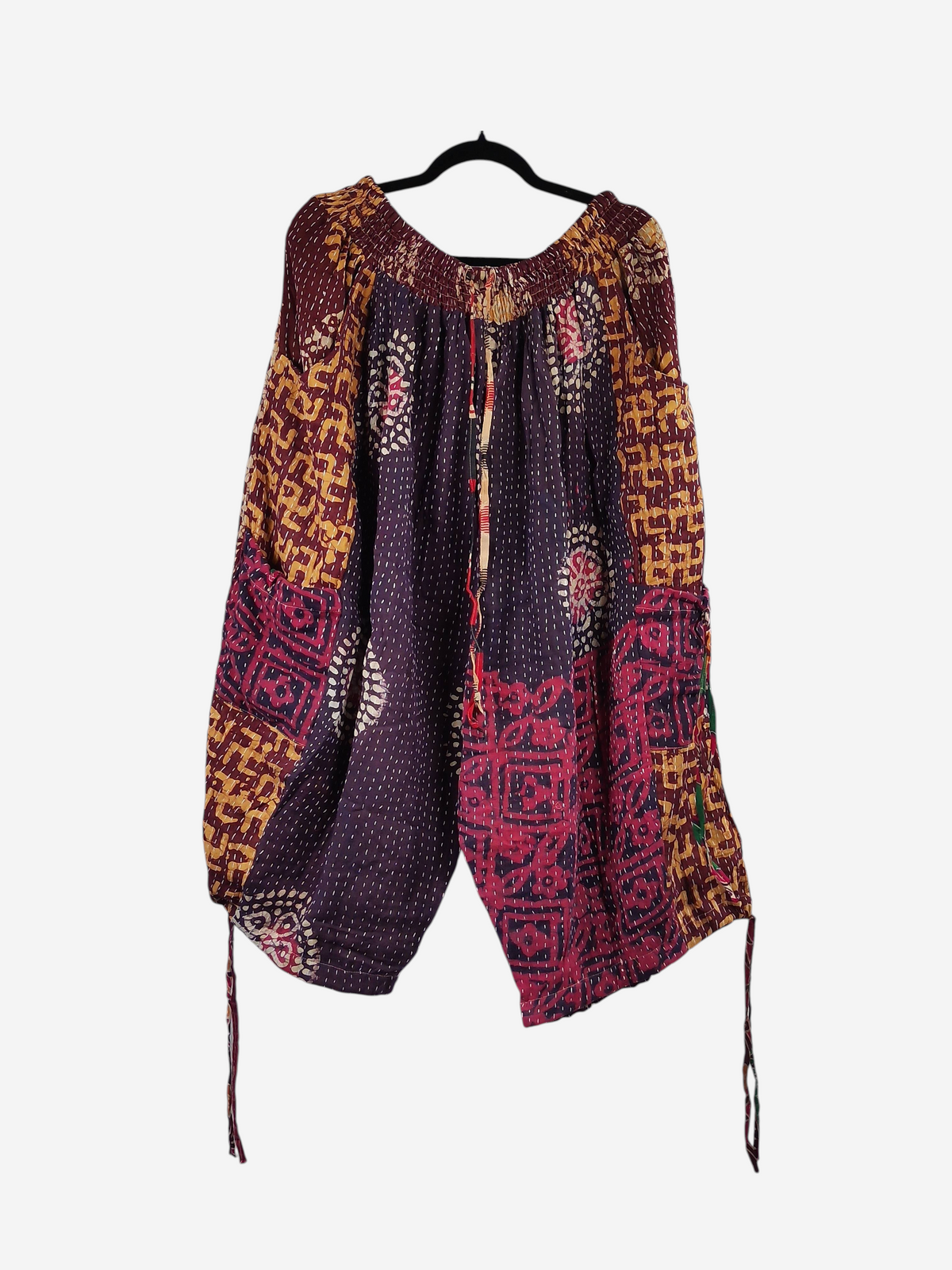 She Lives Beauty vintage cotton kantha cargo capri joggers in purple and gold with unique bohemian stitched patterns.