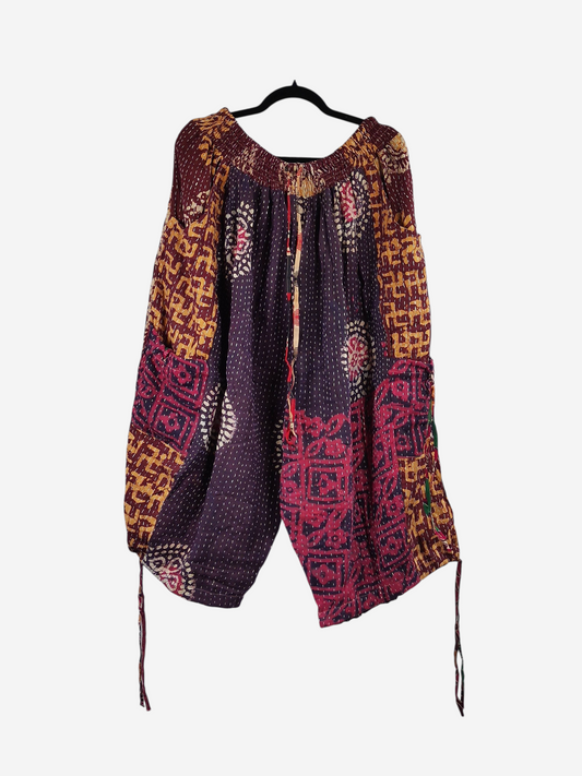 She Lives Beauty vintage cotton kantha cargo capri joggers in purple and gold with unique bohemian stitched patterns.