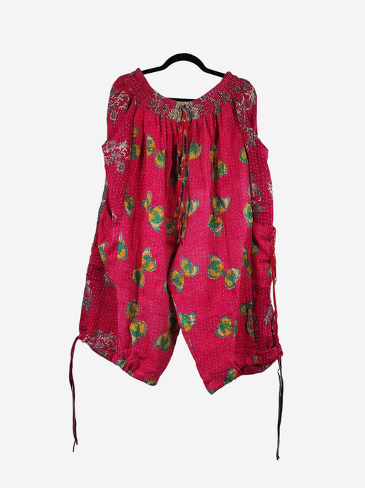 She Lives Beauty vintage cotton Kantha cargo capri joggers in bright pink with yellow and green floral patterns.
