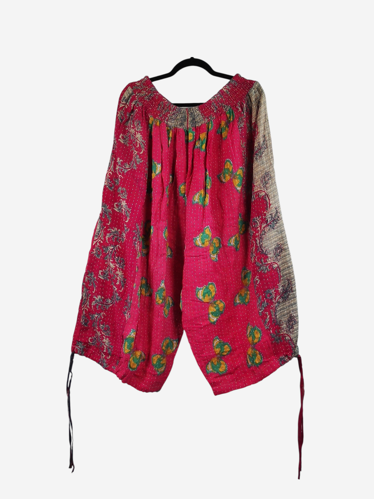 She Lives Beauty vintage cotton kantha capri joggers in vibrant pink with unique floral patterns and cargo style