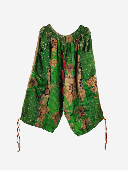 She Lives Beauty green vintage cotton kantha cargo capri joggers with floral patterns and drawstring cuffs.