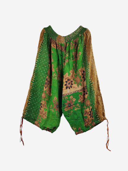 She Lives Beauty Roam Free capri joggers in green and tan vintage kantha cotton with floral patterns and drawstring