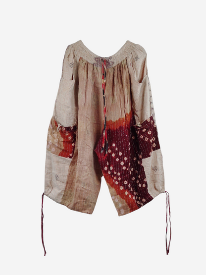 She Lives Beauty vintage cotton kantha cargo capri joggers with patchwork patterns and drawstring hem