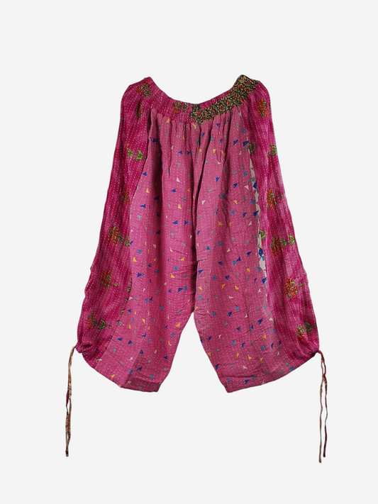 She Lives Beauty pink vintage kantha cotton capri cargo joggers with colorful geometric patterns and drawstring hems