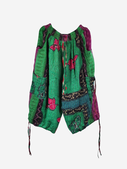 She Lives Beauty capri cargo joggers made from green and purple vintage kantha stitched cotton with floral patterns