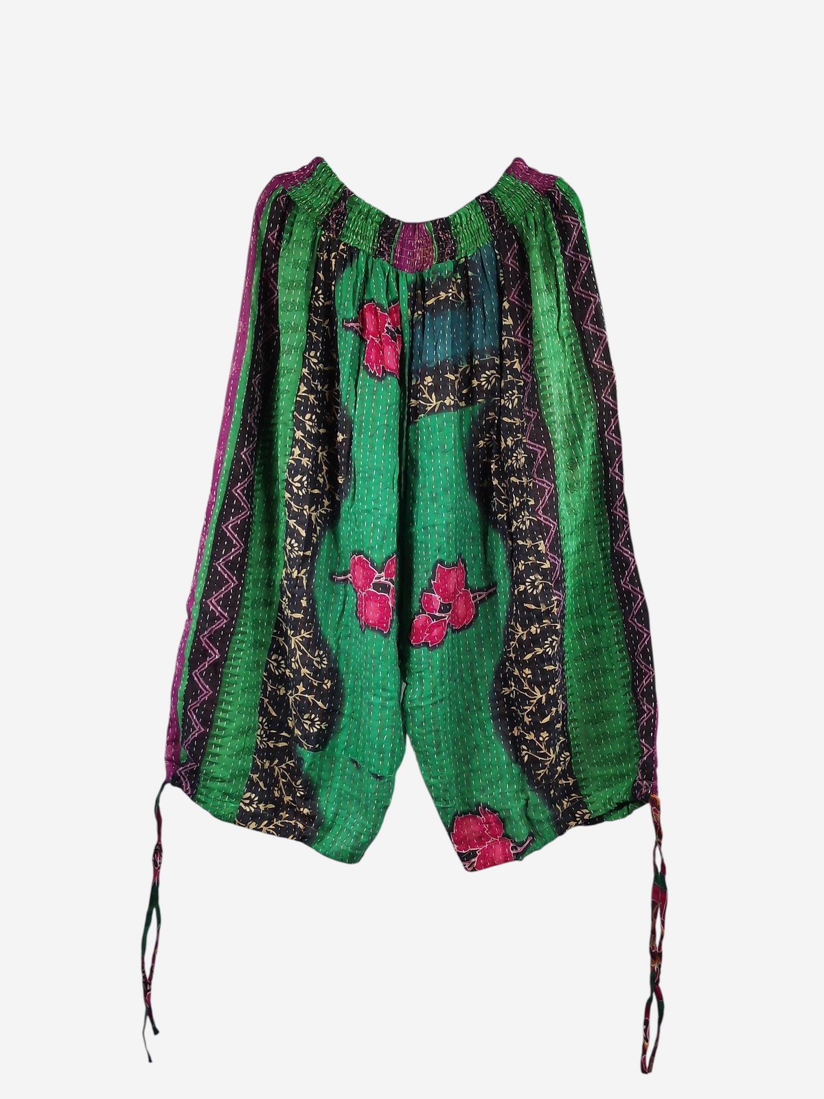She Lives Beauty vintage cotton kantha cargo capri joggers in green with pink floral patterns and drawstring hems