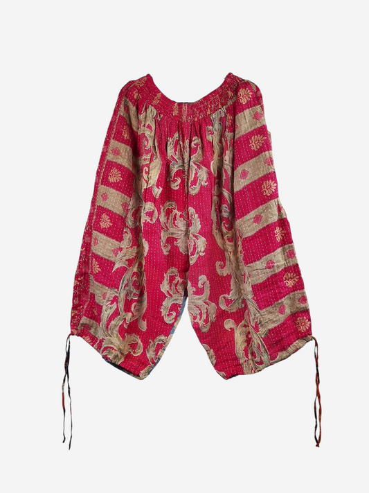 She Lives Beauty Roam Free capri joggers in pink and beige vintage kantha cotton with bohemian floral patterns
