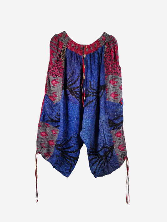 She Lives Beauty vintage cotton kantha cargo joggers in blue and pink with unique hand-stitched bohemian patterns