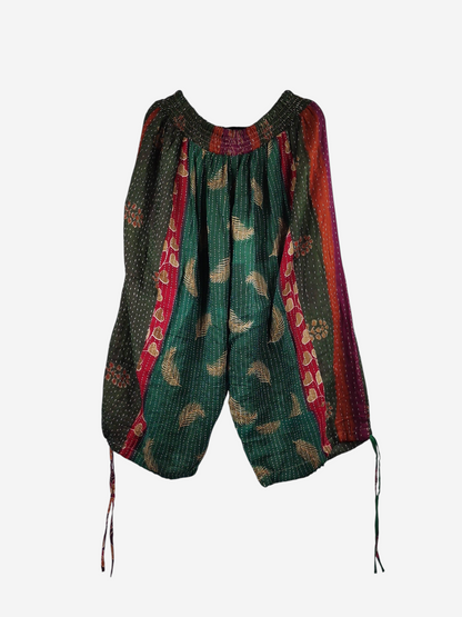 She Lives Beauty capri cargo joggers in multicolored vintage kantha cotton with unique hand-stitched patterns.