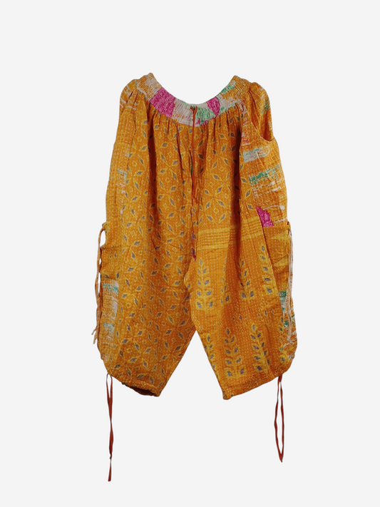 She Lives Beauty yellow vintage cotton kantha cargo capri joggers with bohemian hand-stitched patterns and drawstrings.