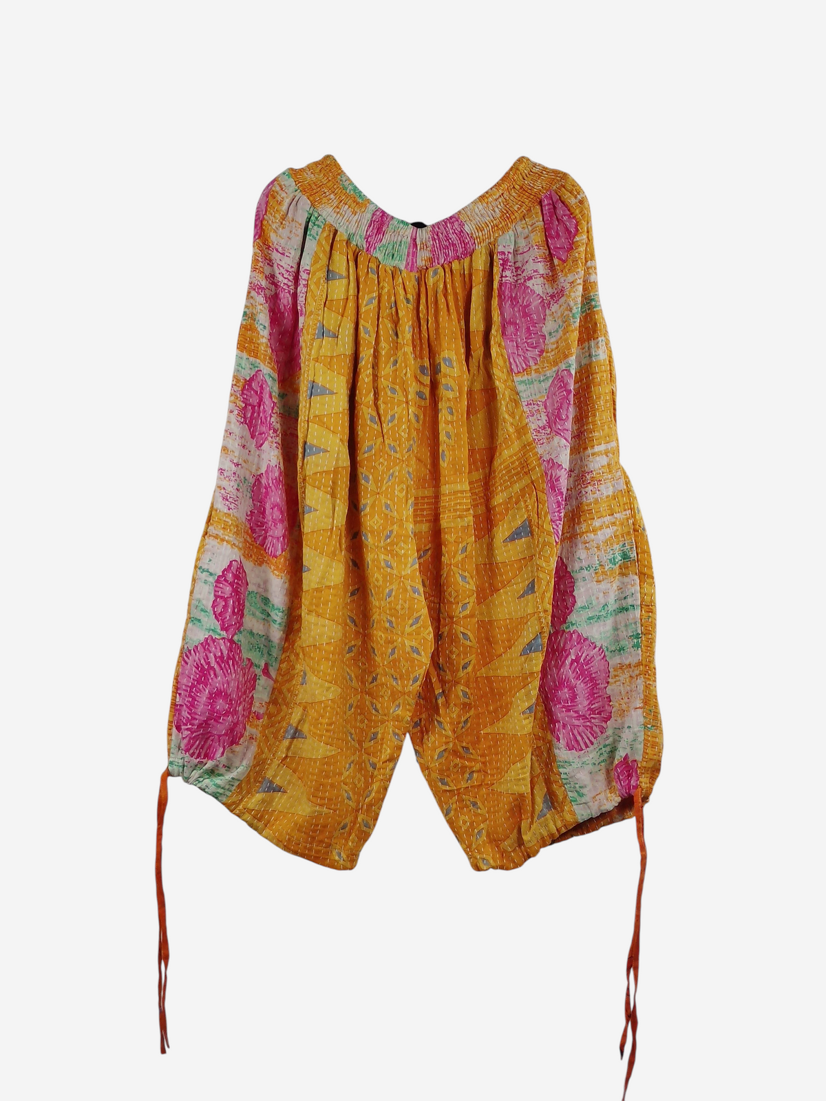 She Lives Beauty vintage cotton kantha capri joggers in yellow and pink with bohemian floral patterns and cargo ties.