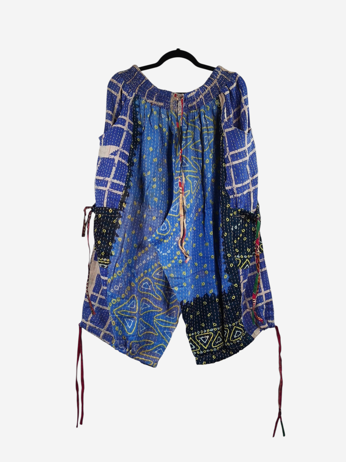 She Lives Beauty capri cargo joggers made from blue vintage kantha cotton saris with unique hand-stitched patterns.