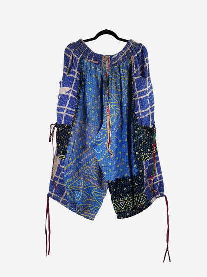 She Lives Beauty capri cargo joggers made from blue vintage kantha cotton saris with unique hand-stitched patterns.
