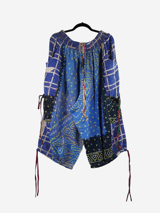She Lives Beauty capri cargo joggers made from blue vintage kantha cotton saris with unique hand-stitched patterns.