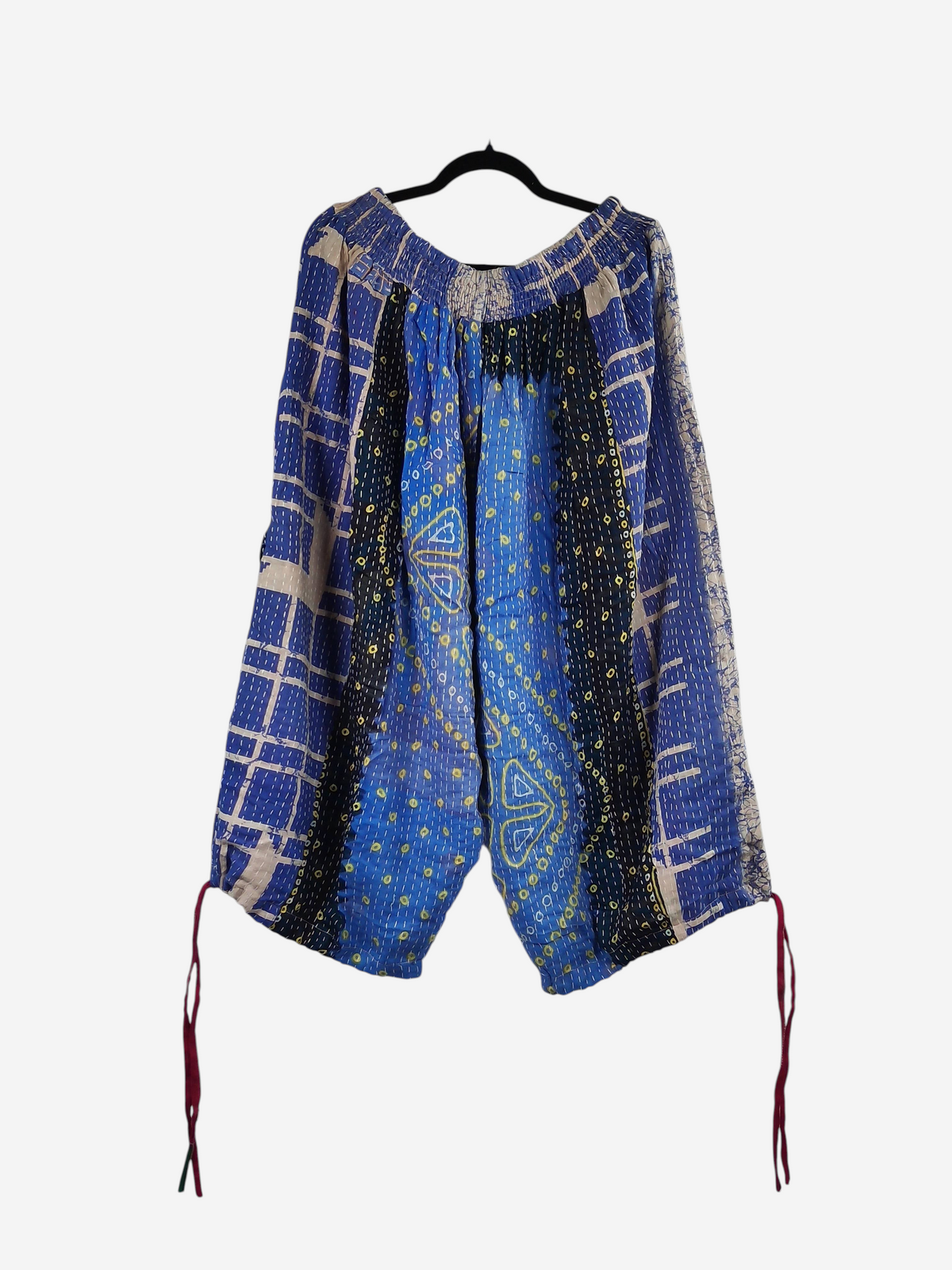 She Lives Beauty blue vintage cotton kantha cargo capri joggers with unique hand-stitched patterns and drawstring hems