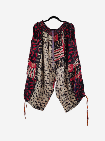 She Lives Beauty Roam Free capri cargo joggers made from vintage kantha cotton with red, black, and cream patterns.