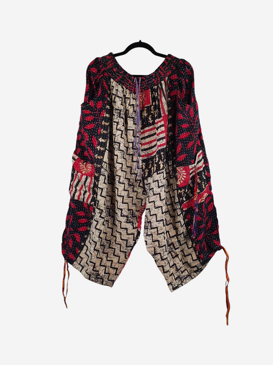 She Lives Beauty Roam Free capri cargo joggers made from vintage kantha cotton with red, black, and cream patterns.