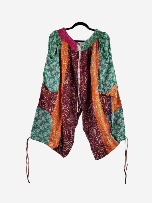 She Lives Beauty vintage cotton kantha cargo capri joggers with colorful patchwork patterns and drawstring hems