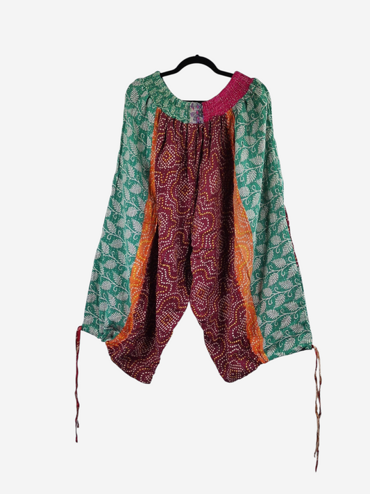 She Lives Beauty Roam Free capri joggers made from colorful vintage kantha stitched cotton with bohemian patterns.