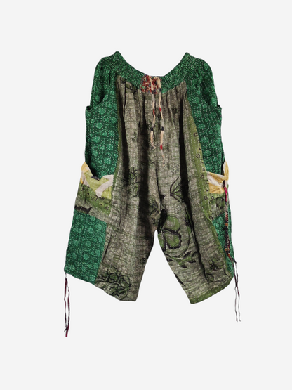 She Lives Beauty vintage cotton Kantha cargo capri joggers in green with unique hand-stitched patterns and pockets.
