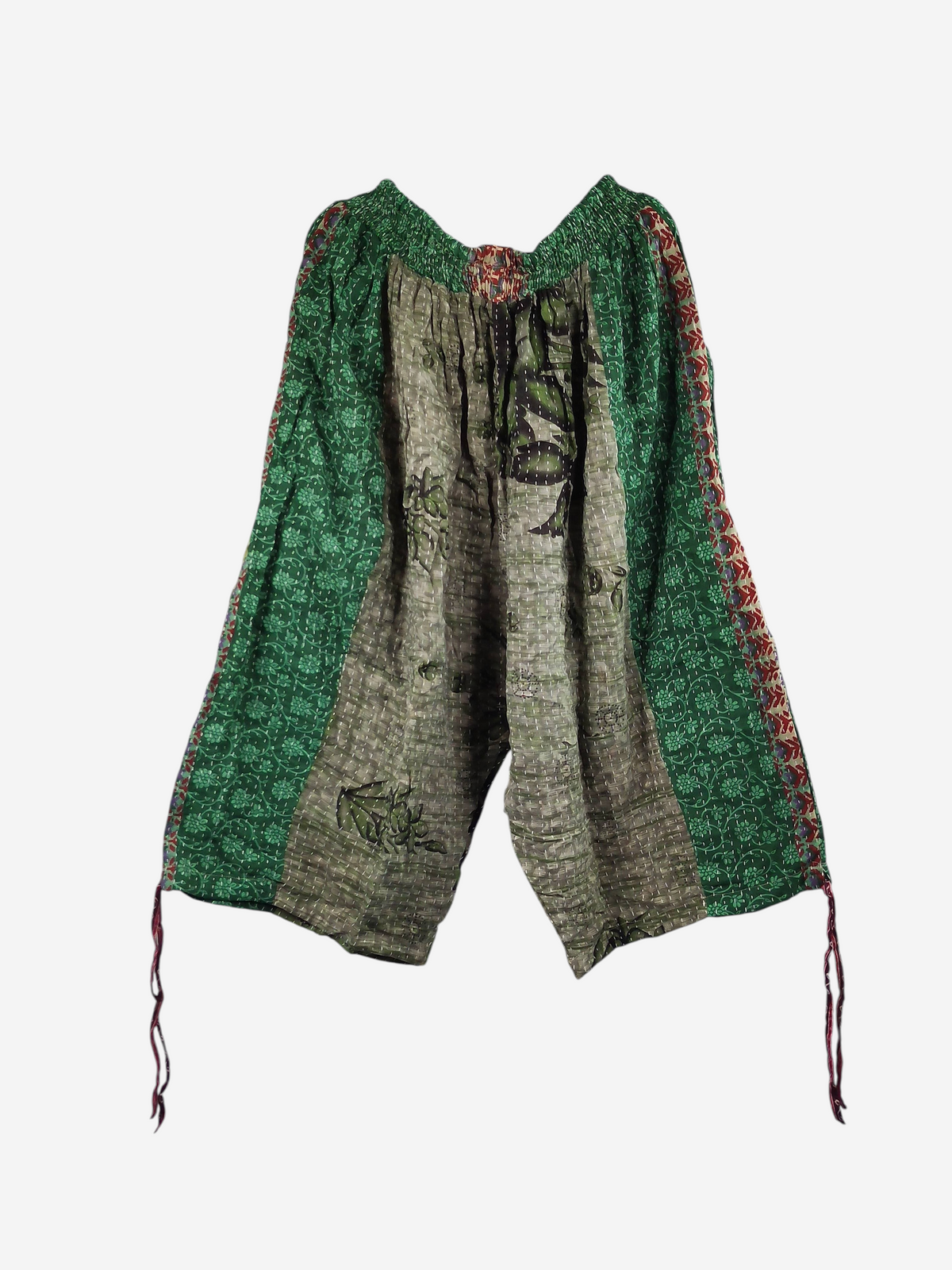 She Lives Beauty vintage cotton kantha capri joggers in green and beige with unique hand-stitched patterns